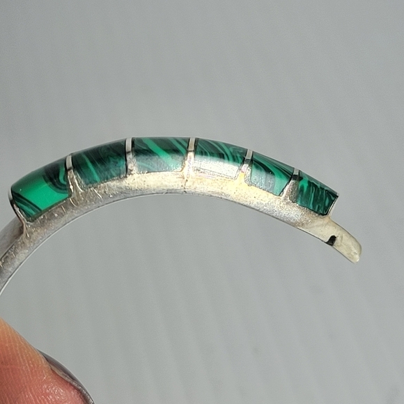 vintage sterling silver 925 malachite hinged  clasp 36.6g bracelet bangle mexico - Picture 9 of 12